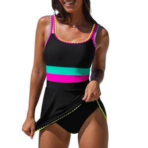 Women’s Black One-Piece Swimsuit with Pink & Teal Stripes